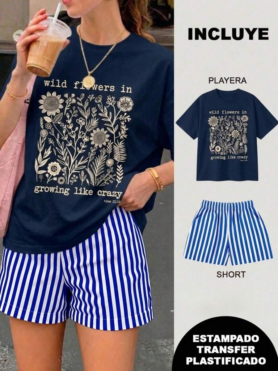 Conjunto de dos piezas playera y short playera estampada con diseño botánico de flores y texto wild flowers in growing like crazy short corto, ideal para vacaciones playa calor - 2 Playera Azul Marino con Short Rayas Azul con Blanco - Ver 1