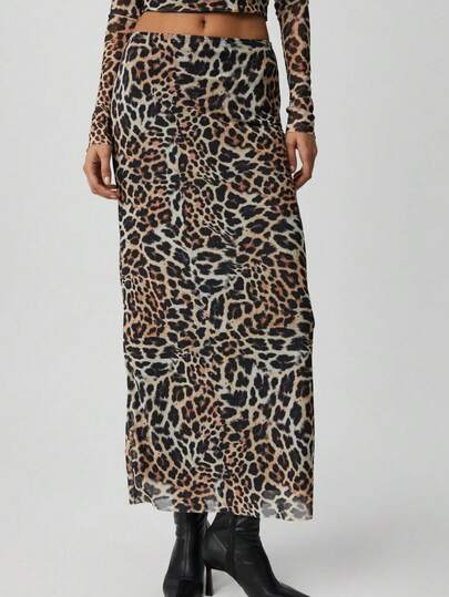 Women's BEULAH Women's Maxi Length Slim Fit Elastic Waist Tulle Tie-Dye Patterned Brown-Floral Patterned Skirt