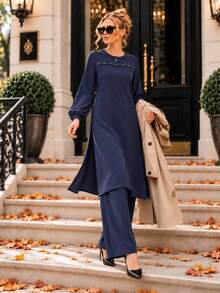 Women's Elegant Black Modest Two Piece Set – Pearl Detail Long Tunic & Wide Leg Pants – Chic Autumn - Navy Blue - View 2