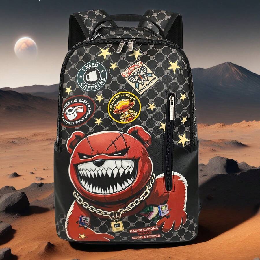 時尚中性大容量噴漆地圖圖案筆電後背包，適合戶外旅行通勤，兒童禮物首選