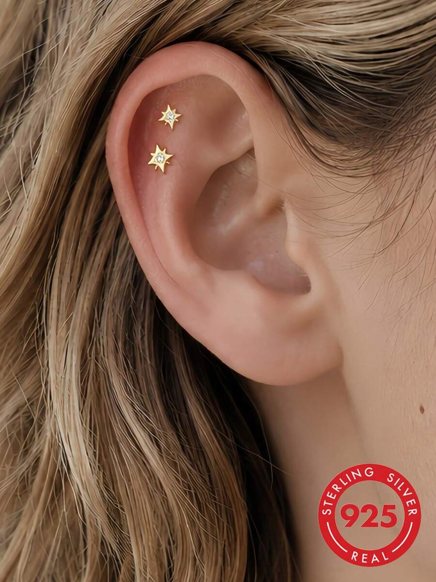 1pc 925 Sterling Silver 8-Point Star Spiral Stud Earring, Flat Back Stackable Cartilage Ear Piercing Jewelry, Suitable For Daily Wear, Wedding, Party, Gift, Exquisite Jewelry - Yellow Gold - View 1