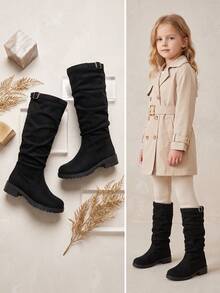 1 Pair Fashionable Kids' Tall Boots, Girls' Plus Size High-Top Boots, Black Suede Pleated High-Top Riding Boots, Thick Sole, Teenager Best Friend Outfit, Parent-Child Matching, Suitable For Autumn/Winter Daily Wear, Vacation And Travel - Black - View 7