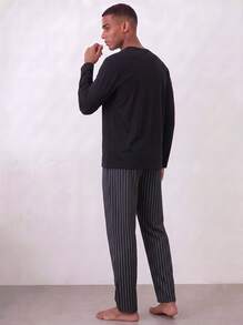 Snug League 2pcs Men's Plus Size Casual Loose Solid Crew Neck Long Sleeve Top With Pockets & Striped Lounge Pants Pajama Set, Suitable For Spring - Black - View 7