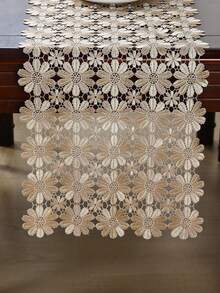 HXARTMIS 1PC Red Daisy Hollow Crochet Lace Table Runner, Lightweight Floral Mesh Tablecloth, Long Vanity Table Decor, Suitable For Dining Table, Wedding, Tea Party, Christmas Decoration And Home Decor - Gold - View 6