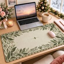 1pc Vintage Green Leaf Border Large Desk Mat, Non Slip Extended Mouse Pad, Boho Aesthetic Desktop Decor - View 2