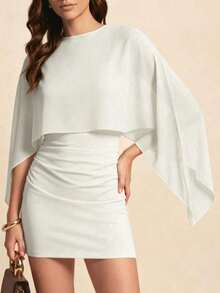 Solid Color Batwing Sleeve Patchwork Lightweight Elegant Party Dress, 2-In-1/Deconstructed Style, Suitable For Evening Party, Date, Vacation, Back To School, Birthday Party, Daily Wear, First Day Of School - White - View 3