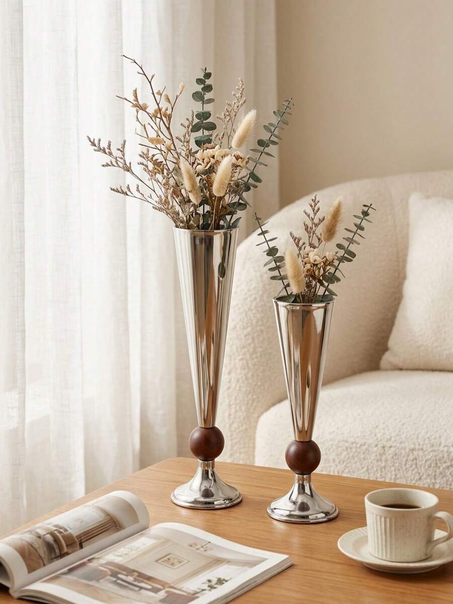 Silver Fluted Trumpet Vase,Tall Decorative Table Vase For Dried Flowers, Wedding Centerpiece Home Tabletop Decor,Vase For Bunny Tail Grass, Aesthetic Home Decor, Farmhouse Table Decor, Party Table Decoration, Housewarming Gift. - Fashionable Style - View 1