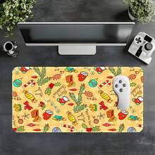 1pc Warm Yellow Graffiti Christmas Oversized Extended Desk Mat, Keyboard & Mouse Pad, Christmas Candy, Holly, Decorative Ball & Christmas Stocking Pattern, Non-Slip Rubber Base, Soft Fabric Surface With Stitched Edges, Smooth Mouse Glide, Suitable For Gaming & Office, Fun Christmas Desk Decor & Holiday Gift - View 5