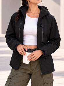 Women's Casual Hooded Jacket With Zippered Pockets Adjustable Hood Stand Collar Zip Front Outdoor Outerwear. - Black - View 7