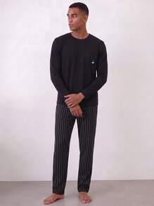 Snug League 2pcs Men's Plus Size Casual Loose Solid Crew Neck Long Sleeve Top With Pockets & Striped Lounge Pants Pajama Set, Suitable For Spring - Black - View 5