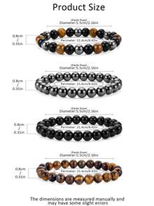 2/4pcs Men Beaded Stackable Bracelet Set, Tiger Eye & Obsidian Hematite Stone, Minimal Retro Casual Style, Bead Wristband, All Season Daily Accessory - Multicolor - View 9