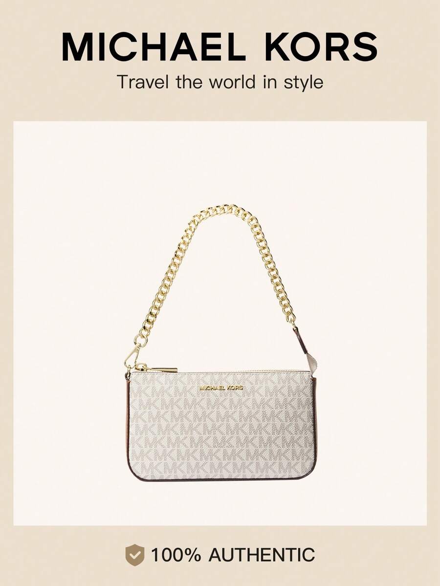 Michael Kors Jet Set Medium Signature Logo Clutch, Fashion Chain Shoulder Bag For Women, Elegant Gift Clutch, Zipper Square Bag, Suitable For Shopping, Party - Beige Brown - View 1