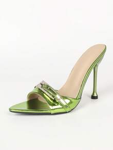 Women Pointed Front High Heel Mules, Metallic Green Finish, Rhinestone Buckle Strap, Slip On Design, Stiletto Heel, Night Out Party Shoes - Green - View 9