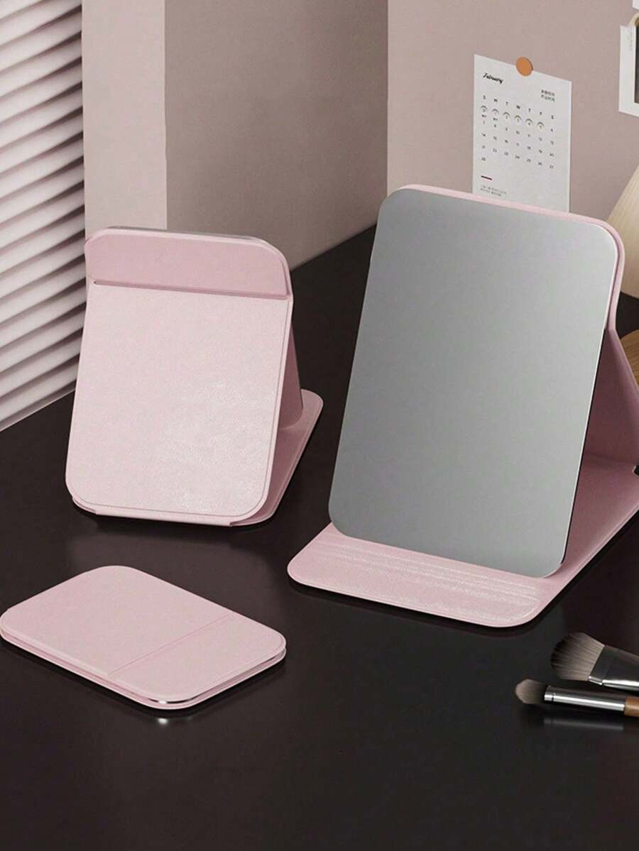 1pc Portable Makeup Mirror, PU Leather Material, Foldable, Travel Mirror, Suitable As A Gift, Travel Essential, Makeup Essential, Easy To Store, Excellent Christmas Gift Choice, Suitable As A Holiday Gift - Pink - View 1