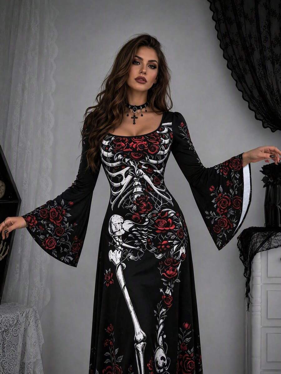Gothic Skull Rose Long Dress, Bell Sleeve Lace Trim Knit Dress, Witch Style Halloween Costume