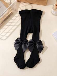 1pc Baby Girl Sweet Large Bow Knitted Tights, Children's Ribbed High Elastic Base Tights, Suitable For Girls' Daily Versatile Wear - Black - View 6