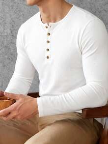 Men's Classic Button-Up Henley Collar Long Sleeve T-Shirt, Autumn/Winter Fashion Outfit Essential - White - View 4