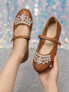 Elegant Rhinestone Crown Decor One-Strap Mary Jane Women's Shoes, Exquisite Rhinestone Embellishment, Soft Round Toe, Daily Wear, Sweet And Energetic Vibe Shoes - Light Brown - View 3