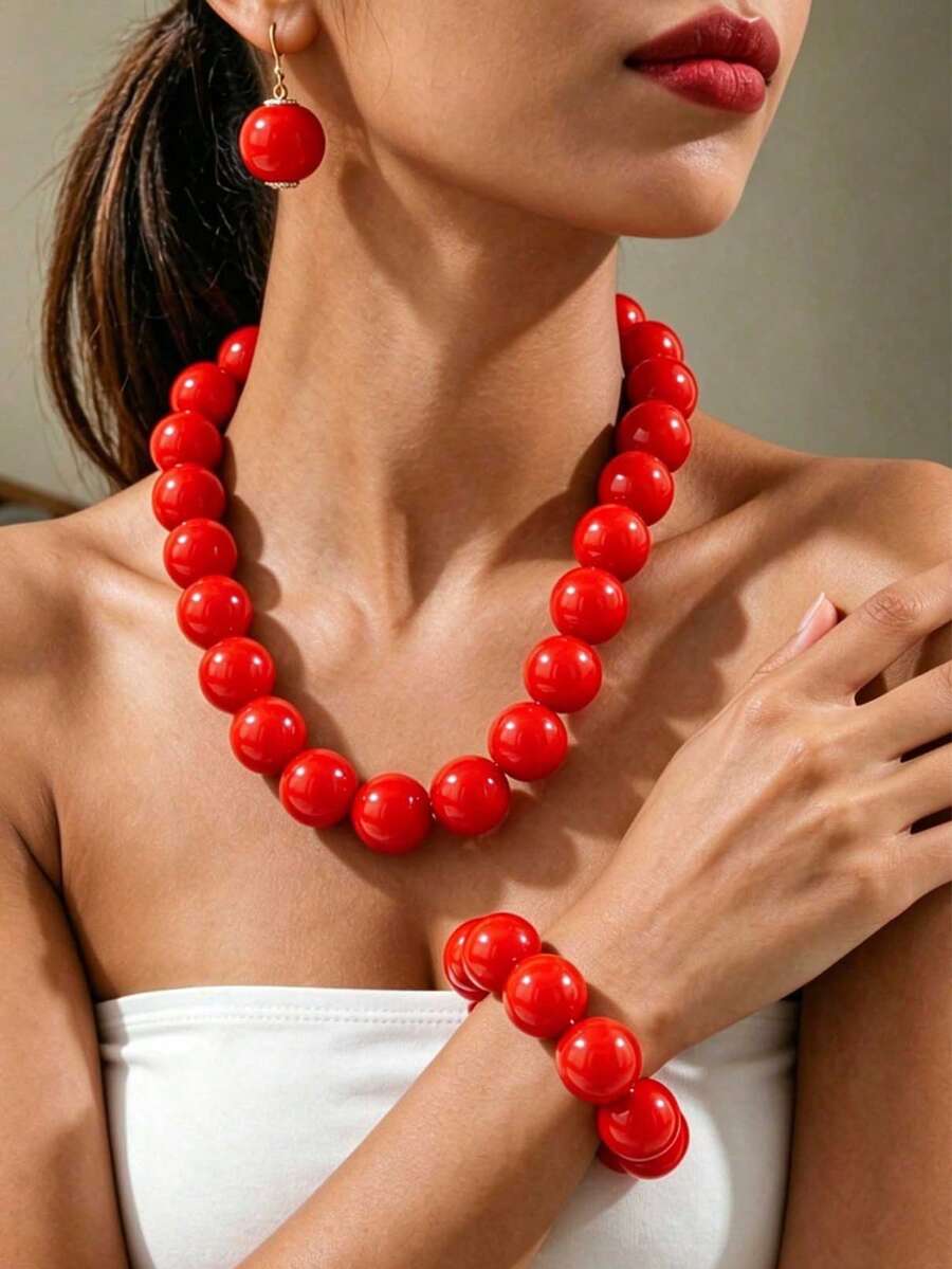 1pc Necklace + 1pc Bracelet + 1 Pair Earrings / Dopamine Vacation Style Retro Acrylic Red Large Round Bead Jewelry Set Suitable For Women Beach Outing Jewelry Gift