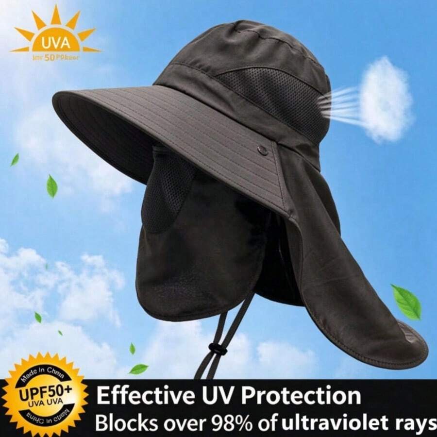 Topi Matahari Pria untuk Musim Panas, Aktivitas Luar Ruangan, Mendaki, Memancing, Pinggiran Lebar, Bernapas, Perlindungan UV - Hitam - View 1