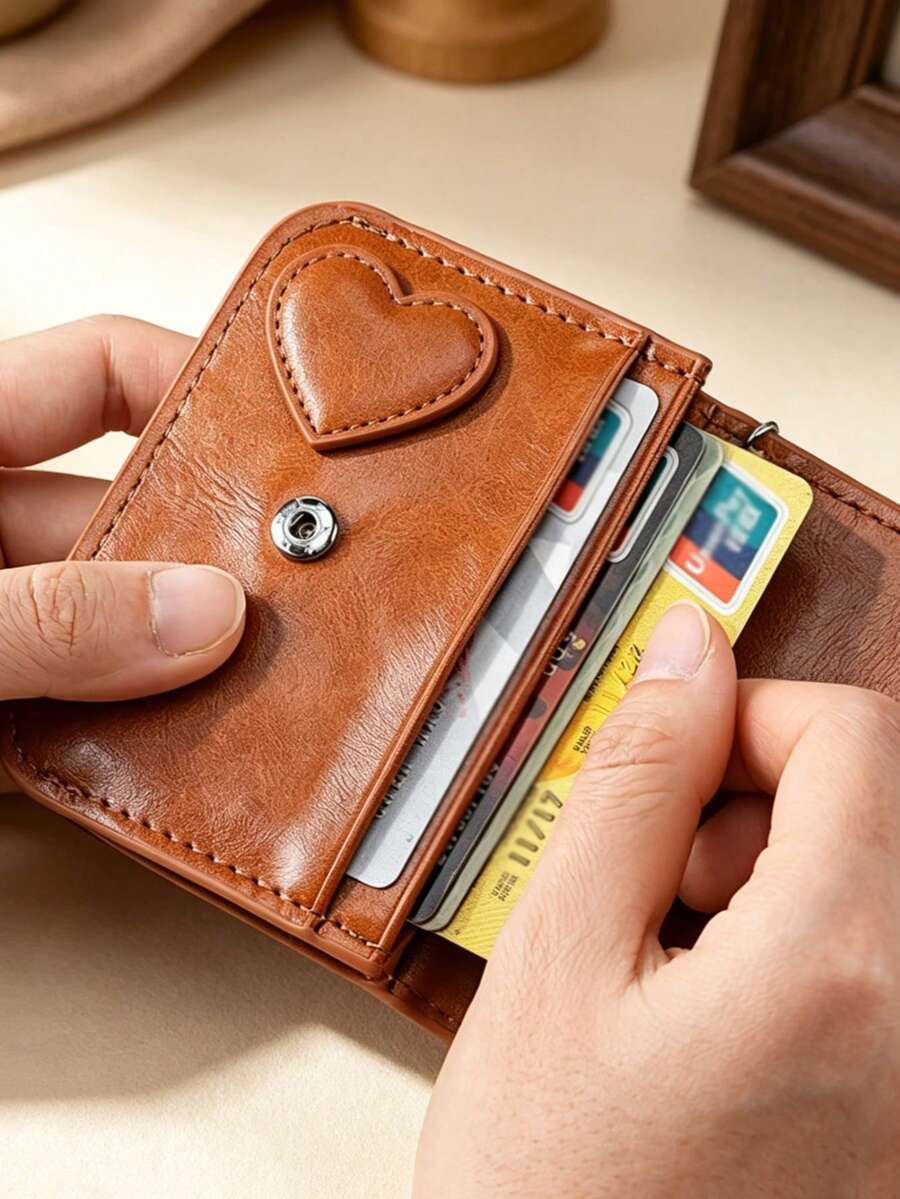 1pc Vintage Heart-Shaped Mini Card Holder, Exquisite PU Leather Compact Design With Hanging Chain, Can Store Bank Cards And Access Cards, Suitable For Daily Commute And Shopping, Simple Cute Mini Card Sleeve Coin Purse - Multicolor - View 1