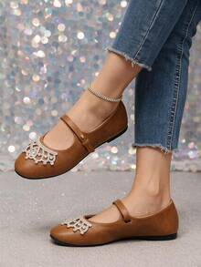 Elegant Rhinestone Crown Decor One-Strap Mary Jane Women's Shoes, Exquisite Rhinestone Embellishment, Soft Round Toe, Daily Wear, Sweet And Energetic Vibe Shoes - Light Brown - View 5