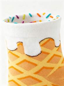 1/5 Pairs Sweet Girl Style Melting Ice Cream Cone Pattern Mid-Calf Socks, Colorful Sprinkles Design, Fun Cartoon Socks For Autumn New Arrival, Daily Wear - Multicolor - View 7
