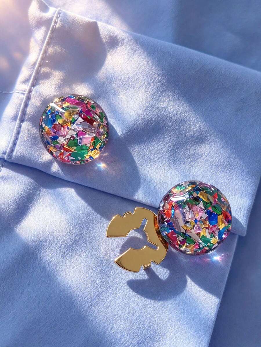 1pc/2pcs Resin Colorful Glitter Elegant Geometric Pattern Button Set, Shirt Button Covers, Cufflink Set, Suitable For Tuxedo And Wedding Dress Decoration - Multicolor - View 1