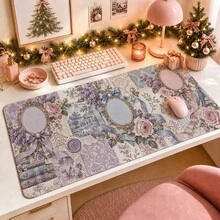 1pc Victorian Ribbon Collage Mouse Pad, Romantic Floral Desk Mat, Polyester Fiber Surface, Non-Slip Rubber Base, Elegant Makeup Mat For Women, 4 Sizes Available - View 1
