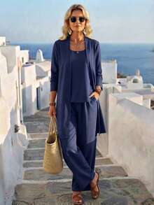 1 Set Solid Color Round Neck 2 In 1 Long Sleeve Top And Pocket Pants Casual Suit Elegant - Navy Blue - View 2