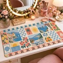 1 buah Alas Mouse Patchwork Kartu Pos Retro, Alas Meja Warna Coral dan Biru, Permukaan Serat Poliester, Alas Karet Anti Selip, Dekorasi Kantor Rumah Kreatif, Tersedia 4 Ukuran - View 1