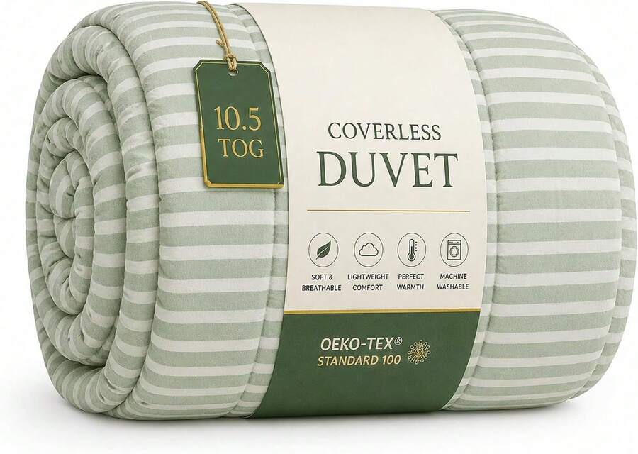Coverless Duvet 10.5 Tog Lightweight Reversible Stripe Design Comforter, Soft Microfibre & Hollowfibre Filling, Suitable For All Season, Machine Washable - Green - View 1