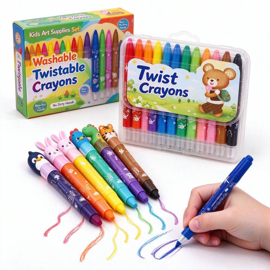 12pcs Cute Toddler Large Crayons, 12 Colors Rotatable Washable Smooth Large Crayons, Suitable For Coloring And Drawing - Multicolor - View 1