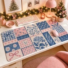 1 buah Alas Mouse Motif Kotak-kotak Biru Pink, Alas Meja Patchwork Bunga Vintage, Permukaan Serat Poliester, Alas Karet Anti Selip, Dekorasi Kantor Rumah yang Estetis, Tersedia 4 Ukuran - View 2