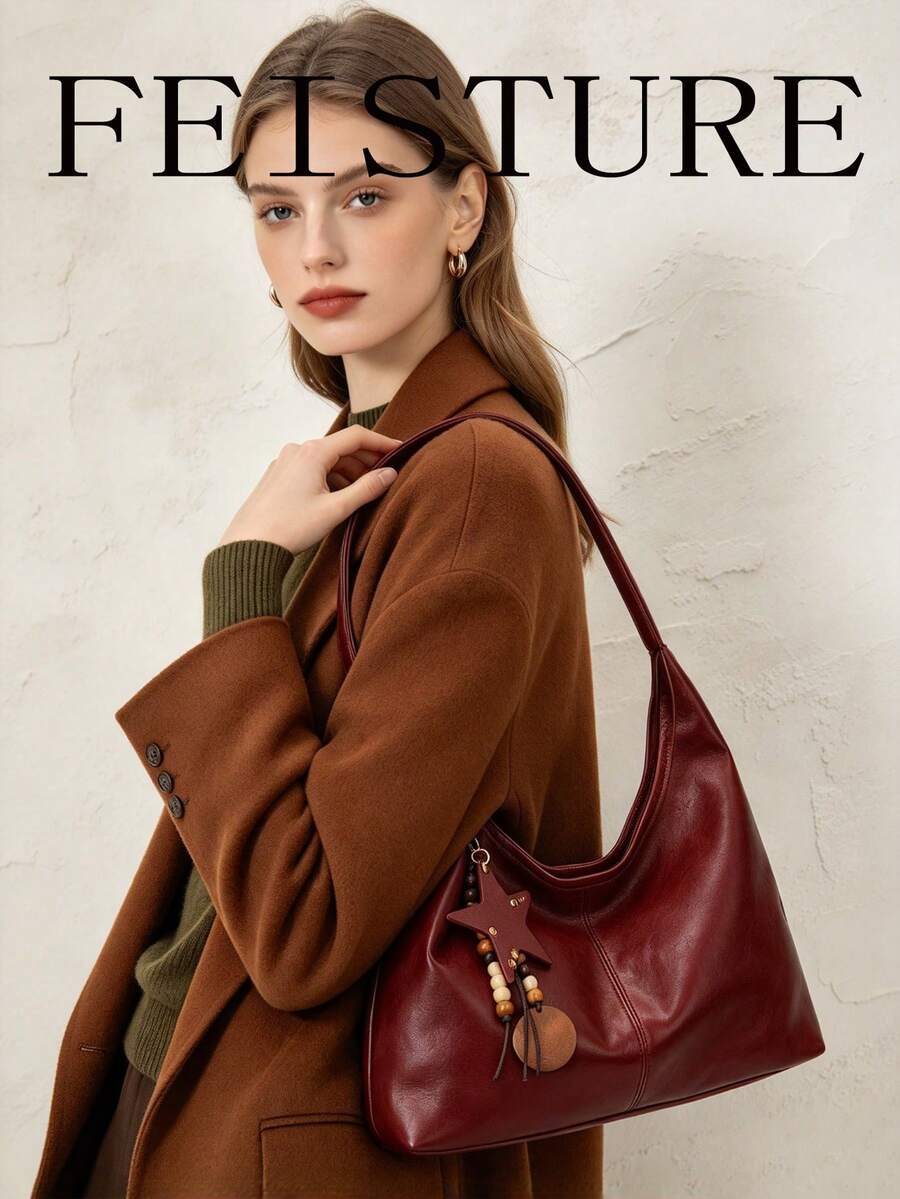 FEISTURE 1件純色PU材質女款腋下包，時尚大容量吊飾肩背包，適合女孩、女性、大學生、職場新人與白領上班族，完美適用於工作、商務、通勤與上學