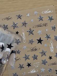 3D Embossed Leopard Star Nail Art Stickers, Black Silver Star Cursive Script Musical Note Self-Adhesive Nail Decals, Retro Y2K Transparent Base Nail Sliders For DIY Nail Decoration - Multicolor - View 3