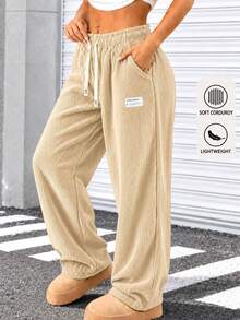 Beige Soft Corduroy Pants For Women, Wide Leg Pants, Baggy Pants, Fall Pants, Winter Pants, Lightweight, Elastic Drawstring Waist, Side Pockets - Apricot - View 10