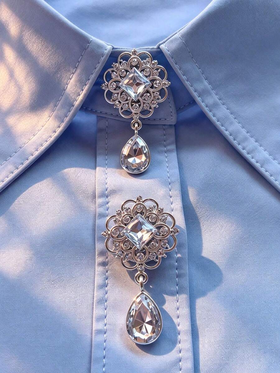 1PC/2PCS Penutup Kancing Geometris Elegan, Penutup Kancing Kemeja Jepit, Penutup Kancing Kristal Modis. - Perak - View 1