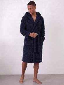 Snug League 1pc Men's Textured Pocket Tie Hooded Bathrobe Casual Style - Navy Blue - View 2