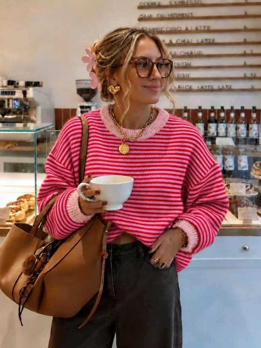 Women's Autumn/Winter Fashion New Minimalist Casual Versatile Home Daily Wear Round Neck Retro Striped Colorblock Loose Knit Sweater - Red - View 1