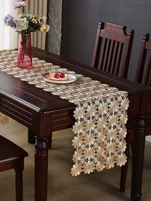 HXARTMIS 1PC Red Daisy Hollow Crochet Lace Table Runner, Lightweight Floral Mesh Tablecloth, Long Vanity Table Decor, Suitable For Dining Table, Wedding, Tea Party, Christmas Decoration And Home Decor - Gold - View 8