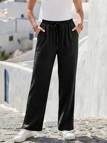 Women's Solid Color Drawstring Waist Open Hem Casual Pants - Black - View 1
