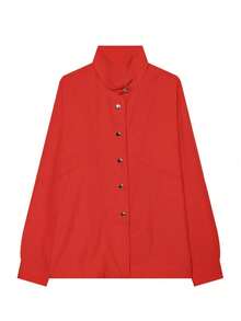 European And American Retro Style Bright Red Shirt For Women, High Neck Button-Down Loose Fit Slimming Long Sleeve Top - Red - View 3