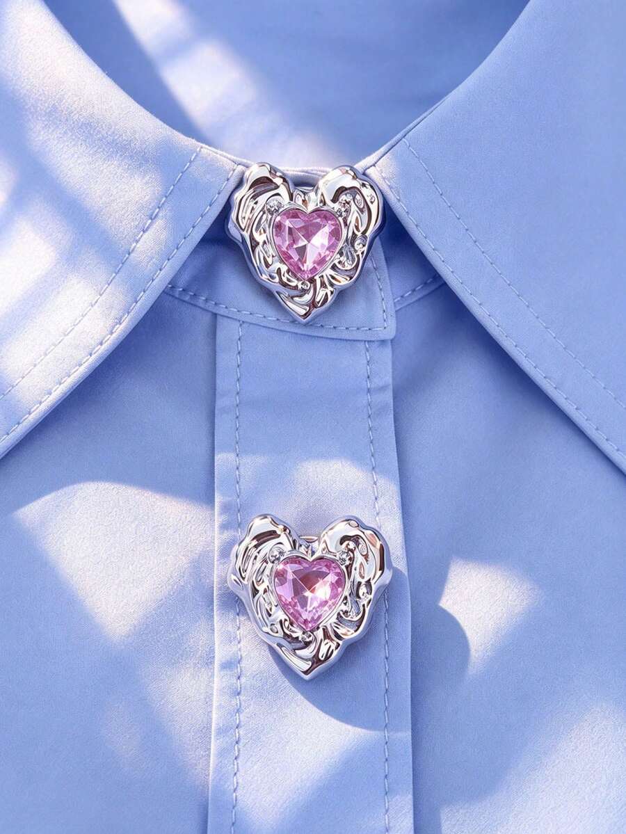1pc/2pcs Resin Heart-Shaped Button Covers, Shirt Button Covers, Clip-On Button Covers, Fashion Crystal Cufflink Covers - Silver - View 1