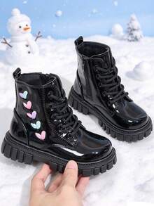 1 Pair Girls' Short Boots With Colorblock Heart Pattern Decor, Round Toe Soft Sole, Height-Increasing Inner Zipper Design, Fashion Sweet Cool Cute Princess Ankle Boots, Suitable For Daily, Holiday, School, Party, Autumn/Winter New Style - Black - View 8