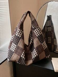 Tas Tote Patchwork Kotak-kotak Retro untuk Wanita di Musim Gugur dan Musim Dingin, Gaya Santai, Tas Bahu Kapasitas Besar, Tas Komuter Bertekstur untuk Pelajar - Coffee Brown - View 3