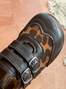 Children's Leopard Print PU Leather Shoes, Vintage British Style Double Buckle Soft Sole Casual Shoes - Camel - View 6