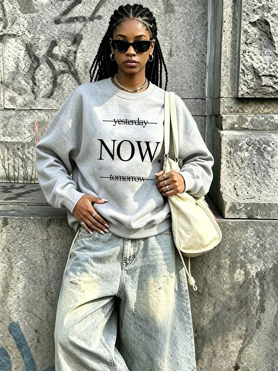 女款極簡文字印花圓領衛衣,「Yesterday Now Tomorrow」,秋冬休閒日常穿著,派對風格 - 灰色 - 查看 1