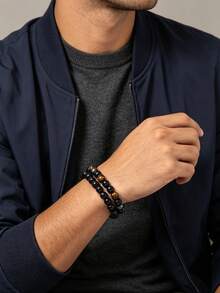 2/4pcs Men Beaded Stackable Bracelet Set, Tiger Eye & Obsidian Hematite Stone, Minimal Retro Casual Style, Bead Wristband, All Season Daily Accessory - Multicolor - View 3