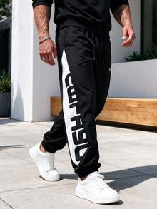 Men's Summer Breathable Mesh Printed Joggers, 1pc, Drawstring Waist, Elastic Cuffs, Versatile Draped Sun-Protective Sports Long Pants - Black - View 3